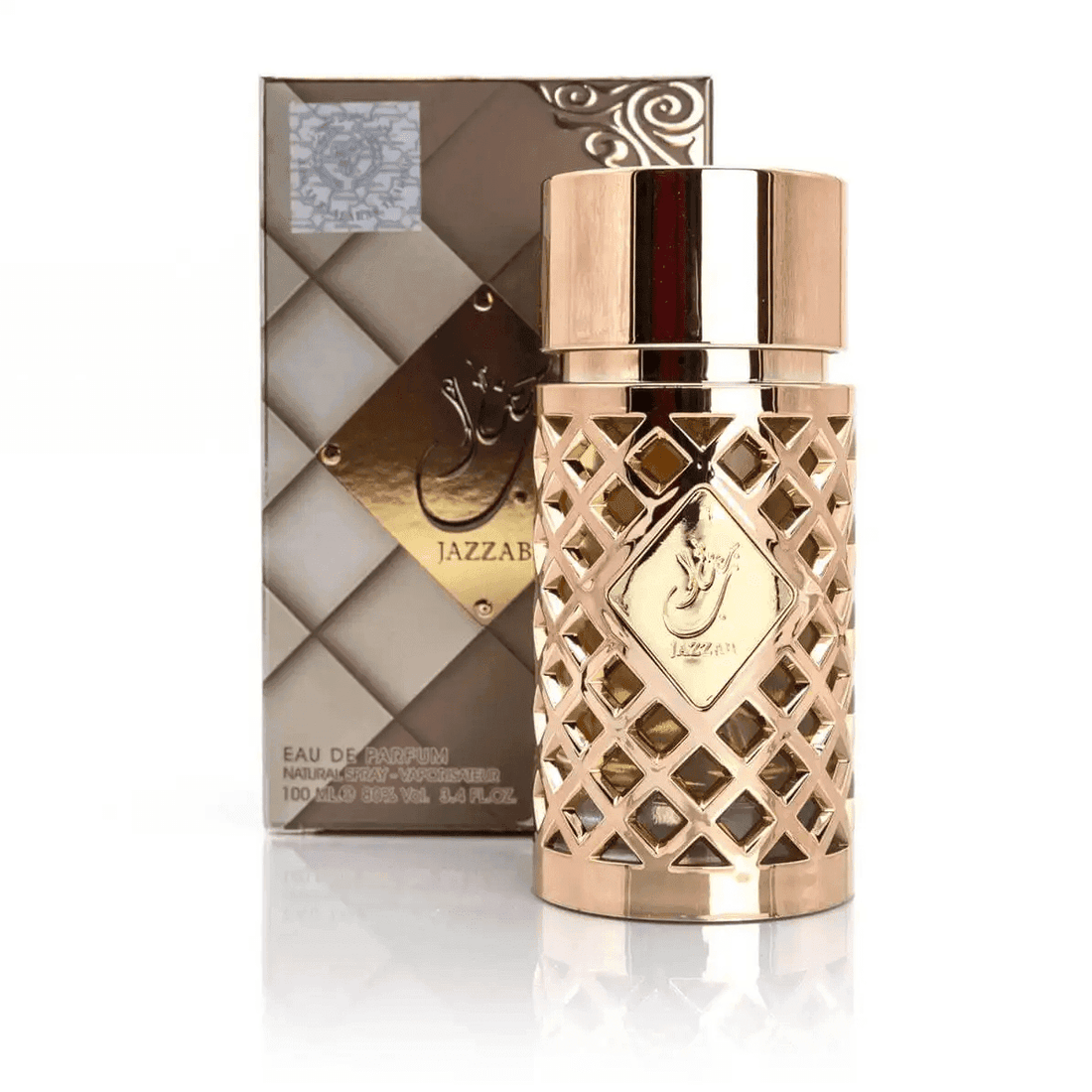 Elegantly designed bottle of Jazzab Gold women's perfume with fresh floral and woody notes.