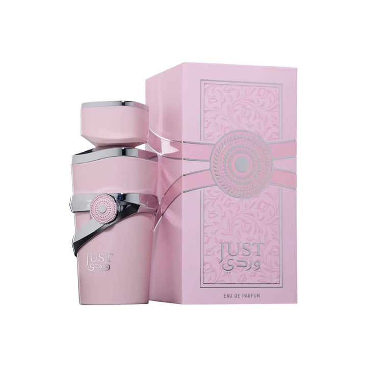 Just Wardi Perfume 100ml bottle by Fragrance World, featuring top notes of coconut and peach, with a rich base of cedarwood and vanilla.