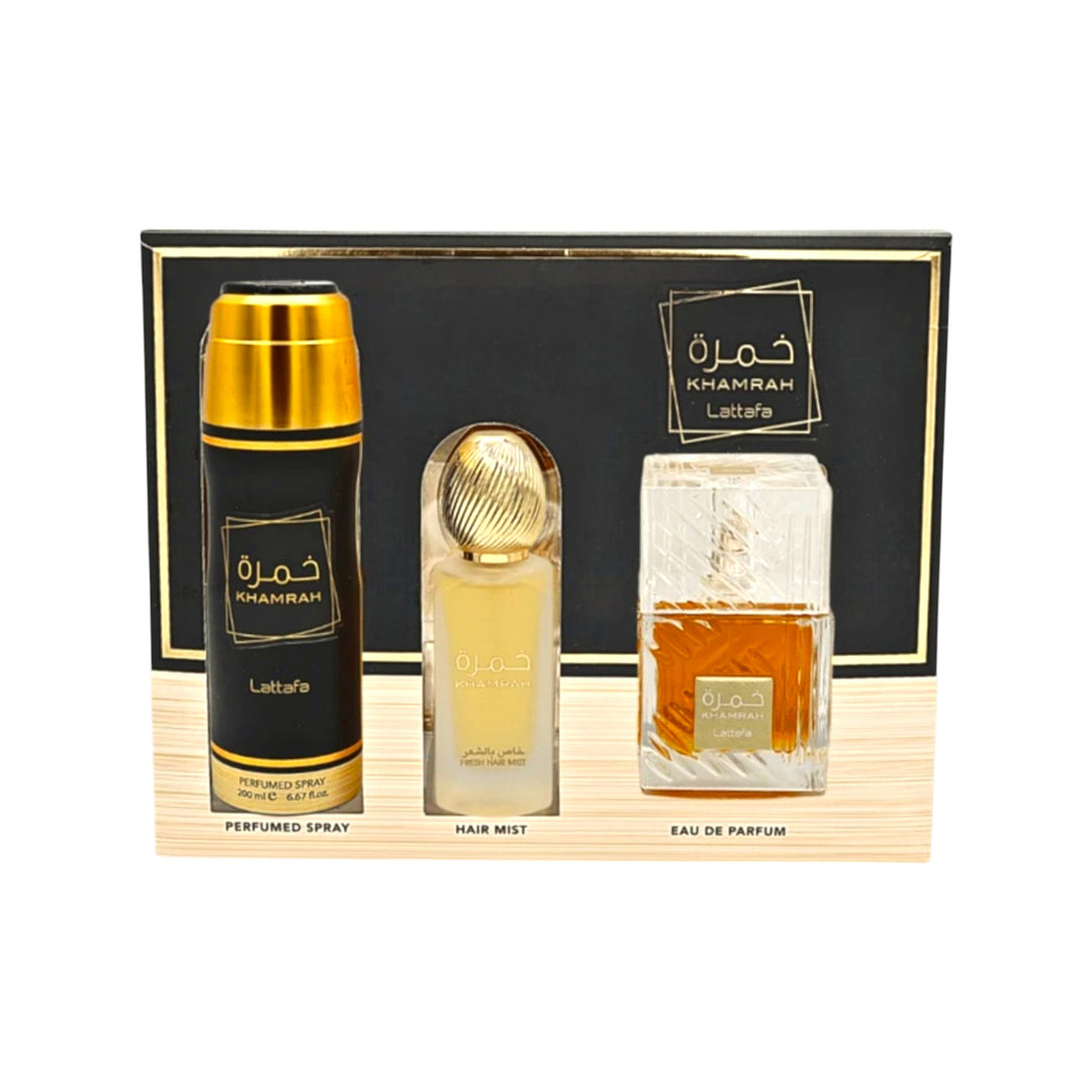 Khamrah Gift Set by Lattafa – Eau de Parfum, Body Spray, and Hair Mist