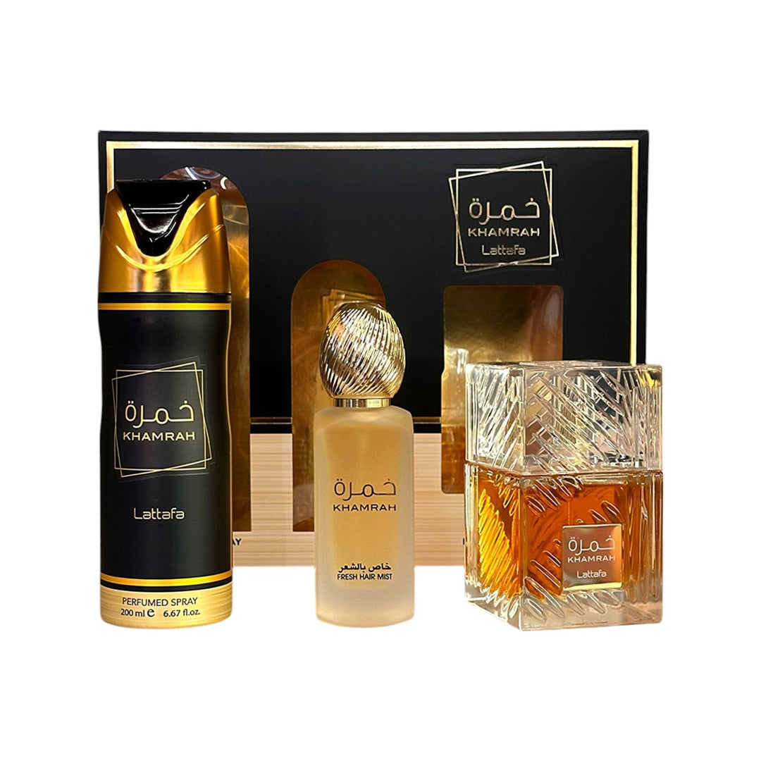 Khamrah Gift Set by Lattafa – Eau de Parfum, Body Spray, and Hair Mist