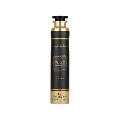 Lattafa Khamrah Air Freshener 300ml bottle against a luxurious background, exuding scents of cognac, cinnamon, and vanilla.