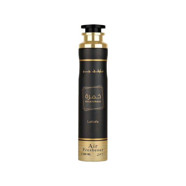 Lattafa Khamrah Air Freshener 300ml bottle against a luxurious background, exuding scents of cognac, cinnamon, and vanilla.
