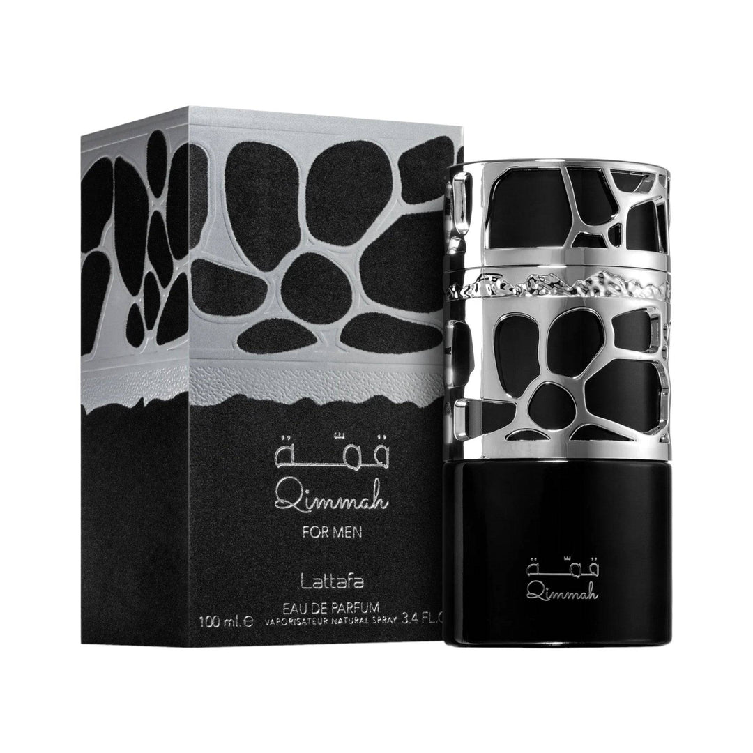 Qimmah 100ml Eau De Parfum for Men by Lattafa showcasing its sleek black and silver bottle.