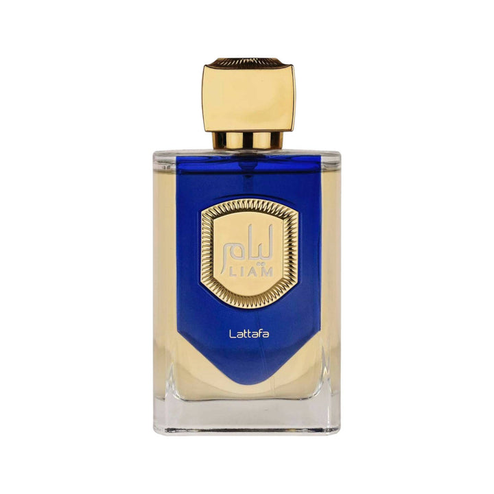 Close-up of the Liam Blue Shine perfume bottle, highlighting its elegant design and the deep blue color that reflects its oceanic aroma.