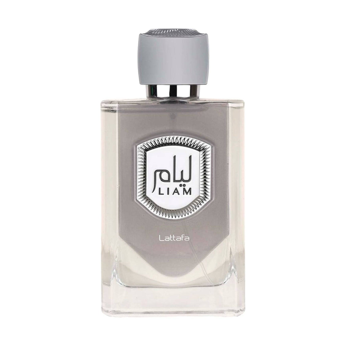 Dynamic bottle of Lattafa Liam Grey Eau de Parfum, representing the energy and determination of the wearer.