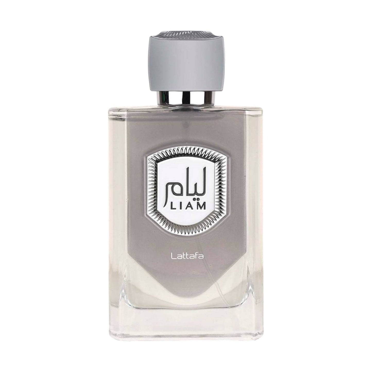 Dynamic bottle of Lattafa Liam Grey Eau de Parfum, representing the energy and determination of the wearer.