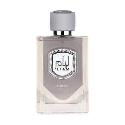 Dynamic bottle of Lattafa Liam Grey Eau de Parfum, representing the energy and determination of the wearer.