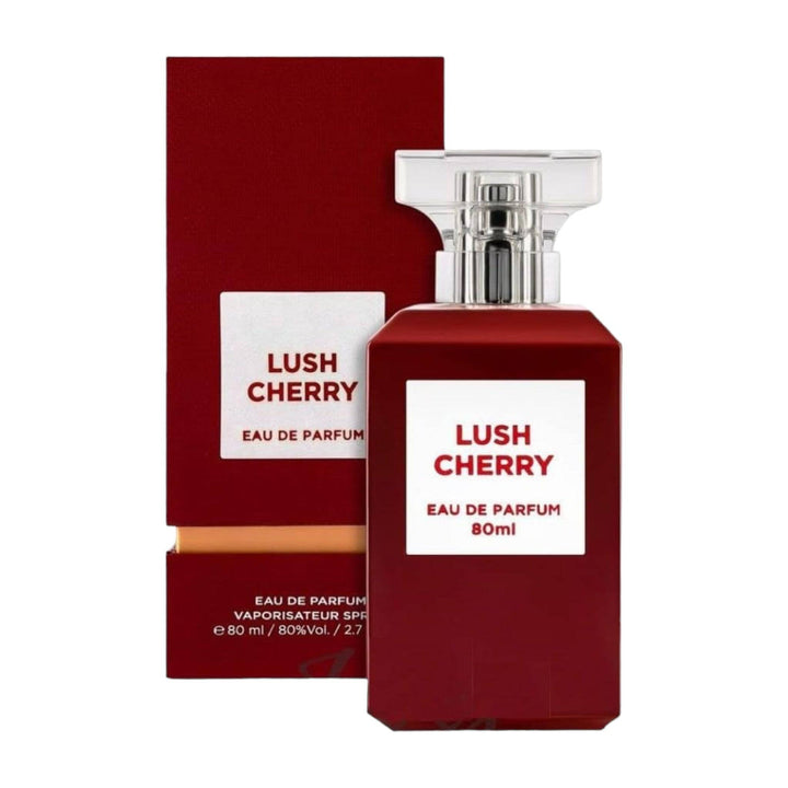 Artistic representation of Lush Cherry Perfume by Fragrance World, showcasing its sophisticated bottle filled with the dark, rich essence of cherry and almond.