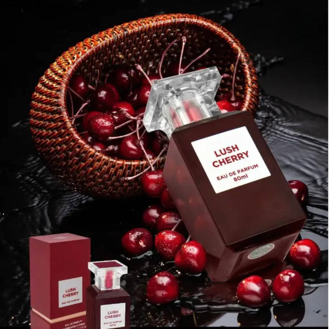 Artistic representation of Lush Cherry Perfume by Fragrance World, showcasing its sophisticated bottle filled with the dark, rich essence of cherry and almond.