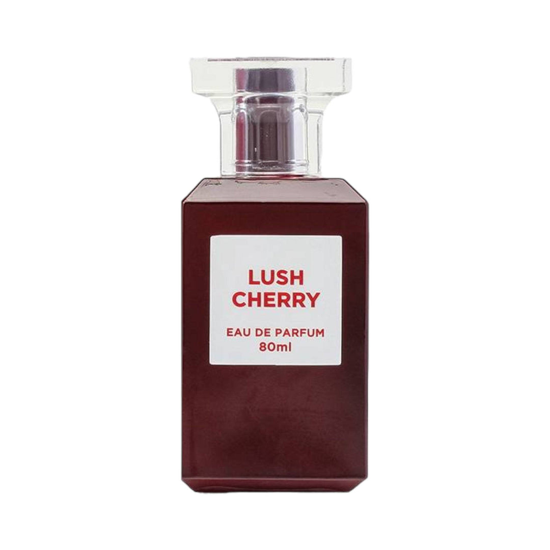 Artistic representation of Lush Cherry Perfume by Fragrance World, showcasing its sophisticated bottle filled with the dark, rich essence of cherry and almond.