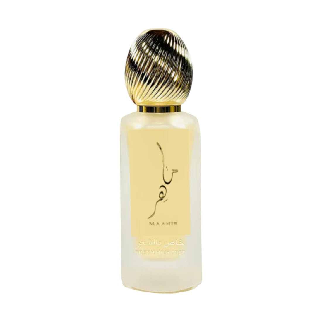 Close-up of Lattafa Maahir Fresh Hair Mist spray nozzle with amber floral scent