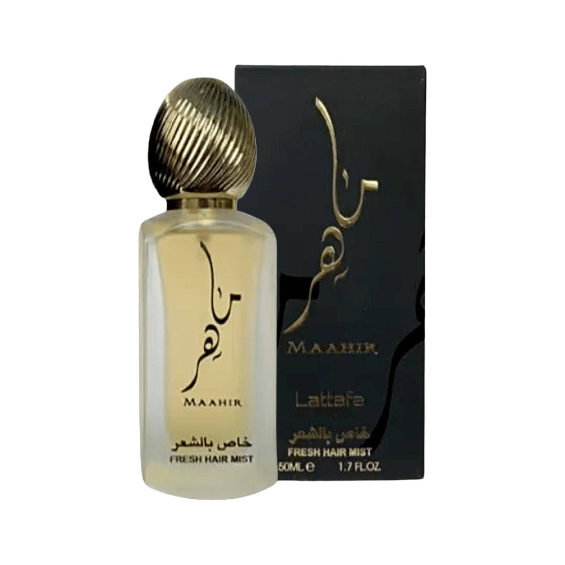 Close-up of Lattafa Maahir Fresh Hair Mist spray nozzle with amber floral scent