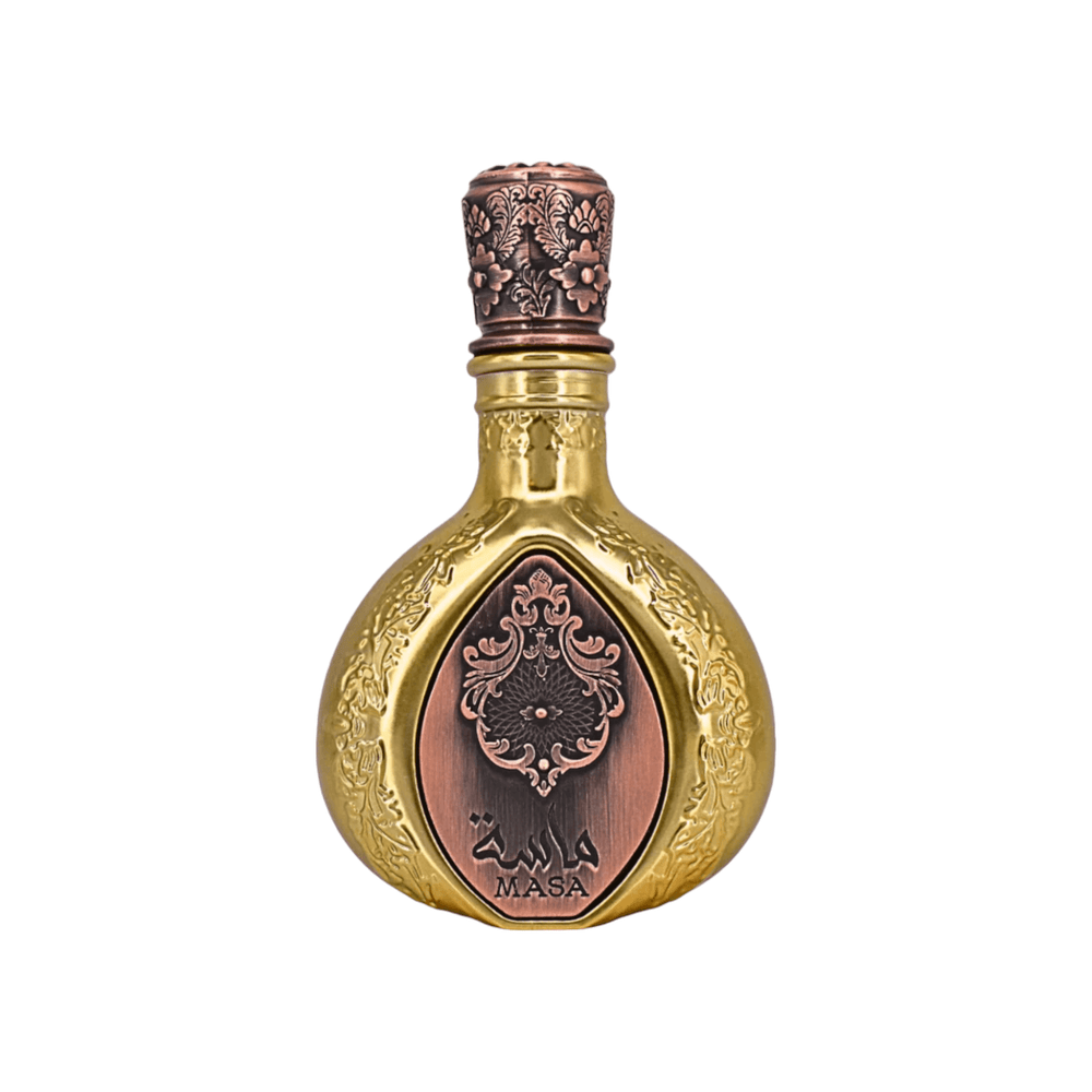 Close-up of Masa Perfume bottle, highlighting its elegant design and the rich combination of saffron, lemon, and mango.