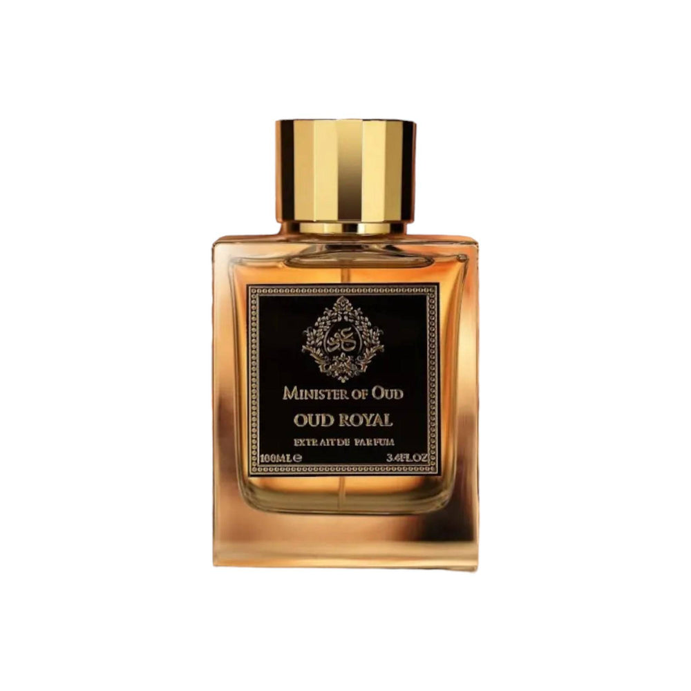 Close-up of Minister of Oud – Oud Royal perfume bottle, highlighting the refined design and the blend of citrus, woody, and musky notes.