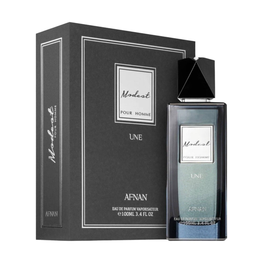 Sleek 100ml bottle of Afnan Modest Pour Homme Eau De Parfum, symbolizing its modern and masculine fragrance.