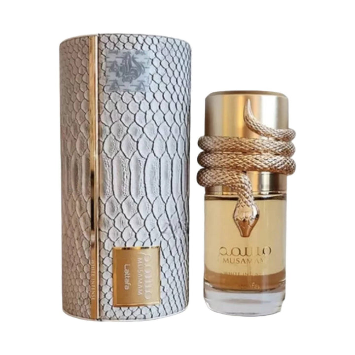 Musamam White Intense Perfume bottle by Lattafa, showcasing its elegant design and the sophisticated essence of bergamot, coconut, and sandalwood in a 100ml package.