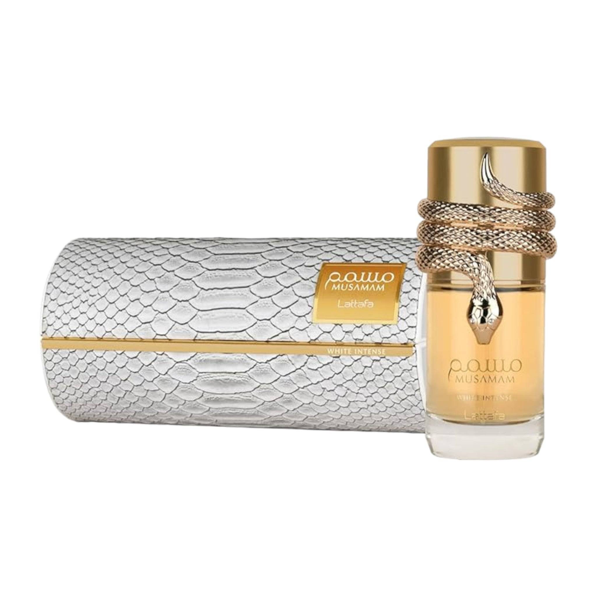 Musamam White Intense Perfume bottle by Lattafa, showcasing its elegant design and the sophisticated essence of bergamot, coconut, and sandalwood in a 100ml package.