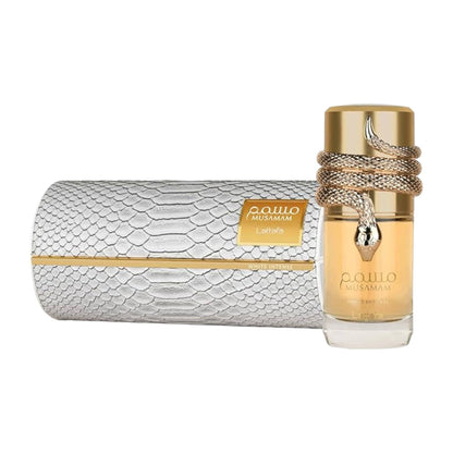 Musamam White Intense Perfume bottle by Lattafa, showcasing its elegant design and the sophisticated essence of bergamot, coconut, and sandalwood in a 100ml package.