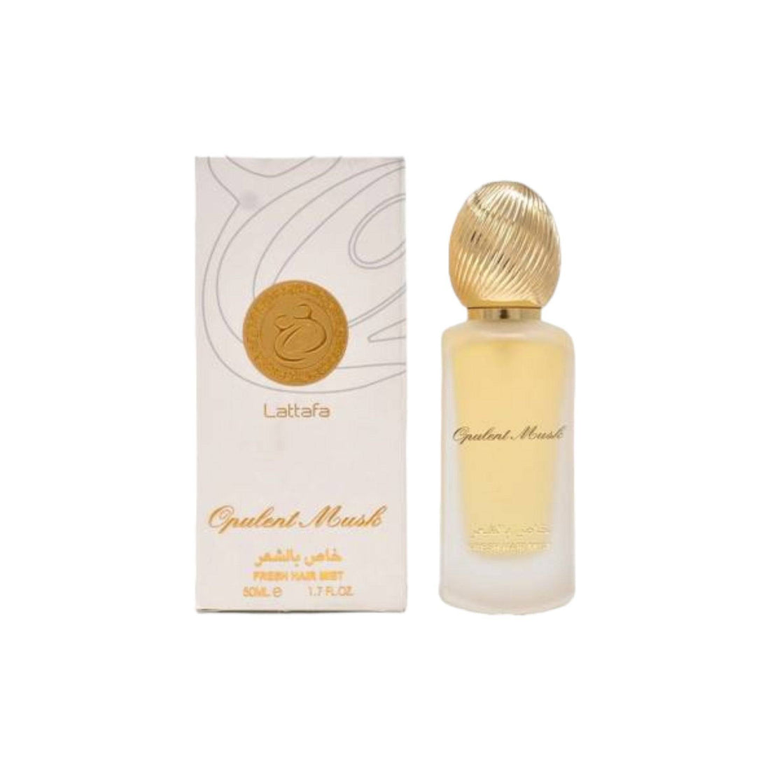 Lattafa Opulent Musk 50ml Hair Mist bottle, a blend of elegance and purity with white musk notes.