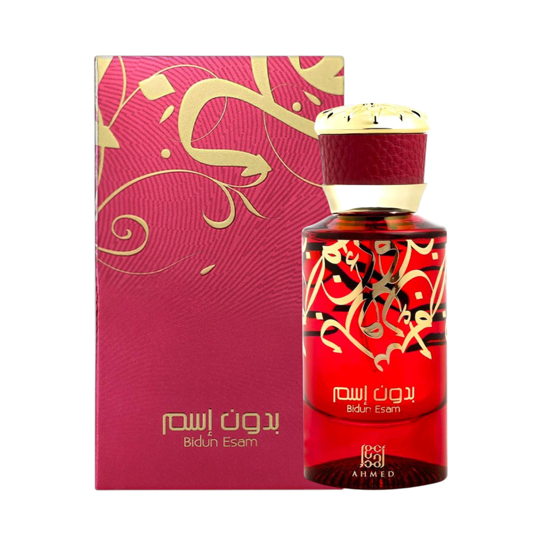 Bidun Esam EDP 50ml By Ahmed Al Maghribi – Elegant Red and Gold Bottle