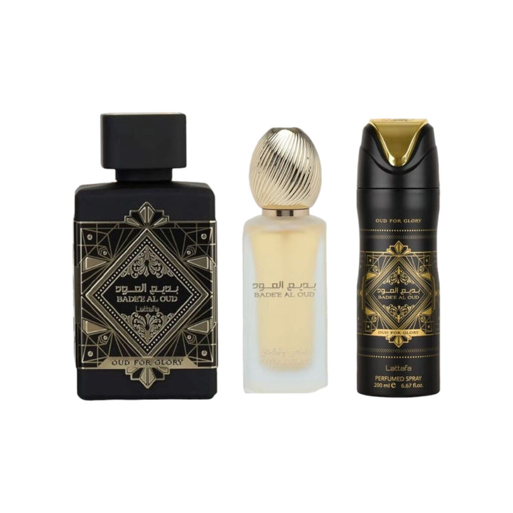 Bade'e Al Oud Oud for Glory Gift Set by Lattafa – 100ml EDP, 200ml DEO, 50ml Hair Mist