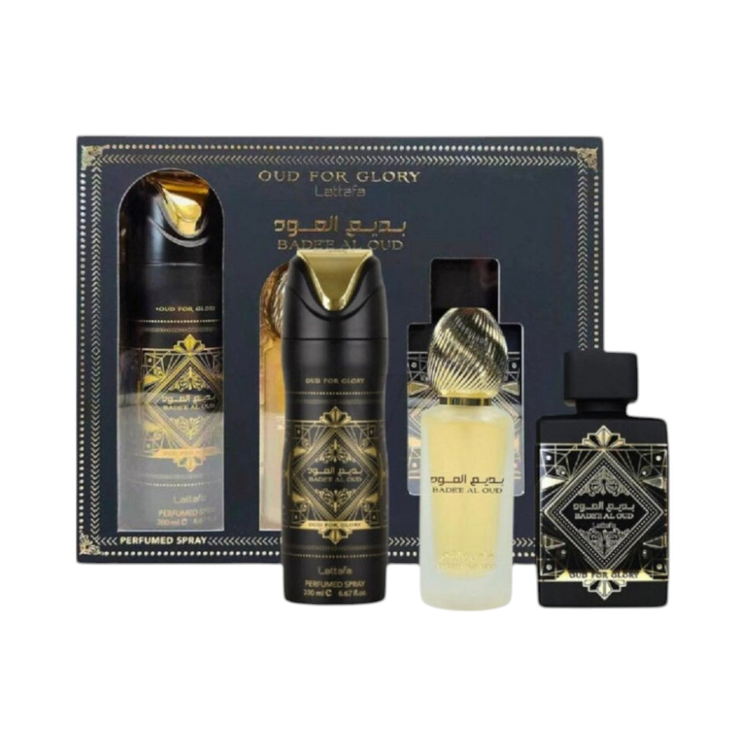 Bade'e Al Oud Oud for Glory Gift Set by Lattafa – 100ml EDP, 200ml DEO, 50ml Hair Mist