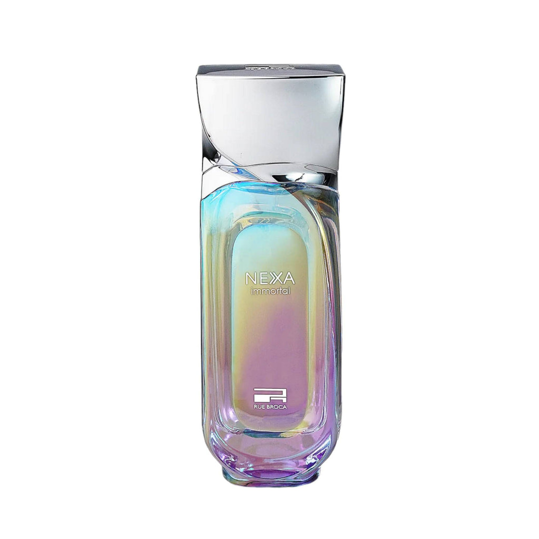 Close-up of the Nexa Immortal perfume bottle, showcasing its sophisticated design and the essence of jasmine, violet, vetiver, and musk it contains.