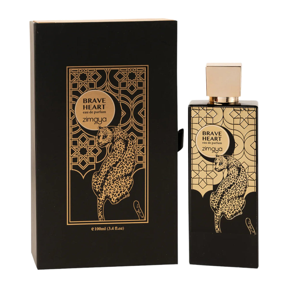 Bold 100ml bottle of Zimaya Brave Heart Eau De Parfum, symbolizing the adventurous spirit and sensual energy of the fragrance.