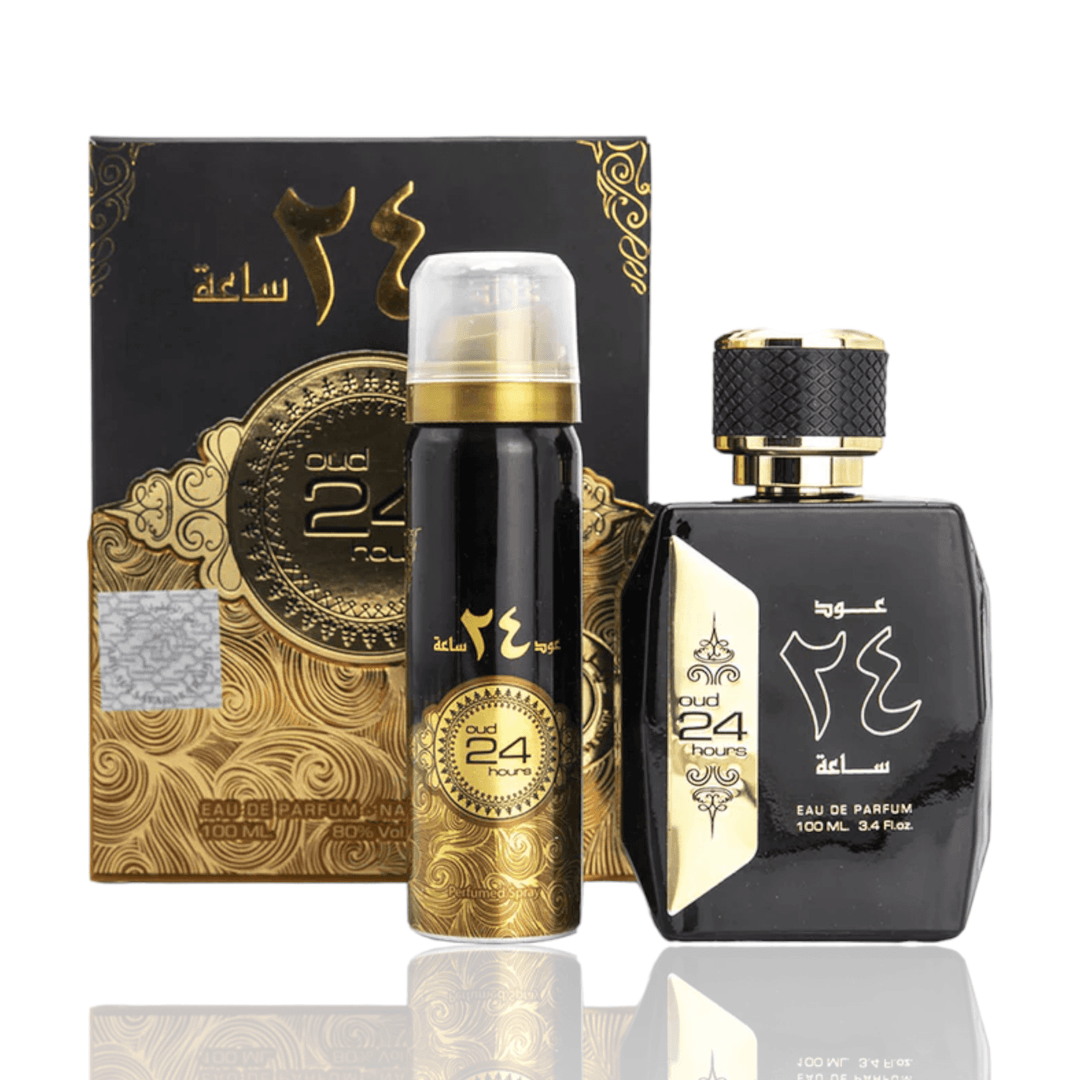 Visual representation of Oud 24 Hours Perfume's fragrance notes - Dark Chocolate, Mandarin Orange, Bergamot, Ylang-Ylang, Jasmine, Gardenia, Patchouli, Oud, Sandalwood, Incense, Amber, signifying its sophisticated and unisex aroma.