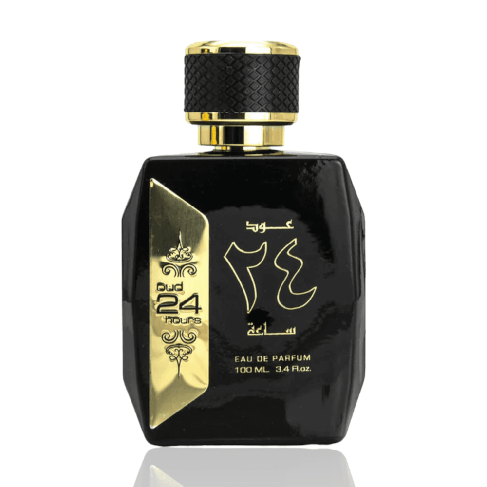 Close-up of the Oud 24 Hours perfume bottle, emphasizing its luxurious blend of chocolate, citrus, and oud.