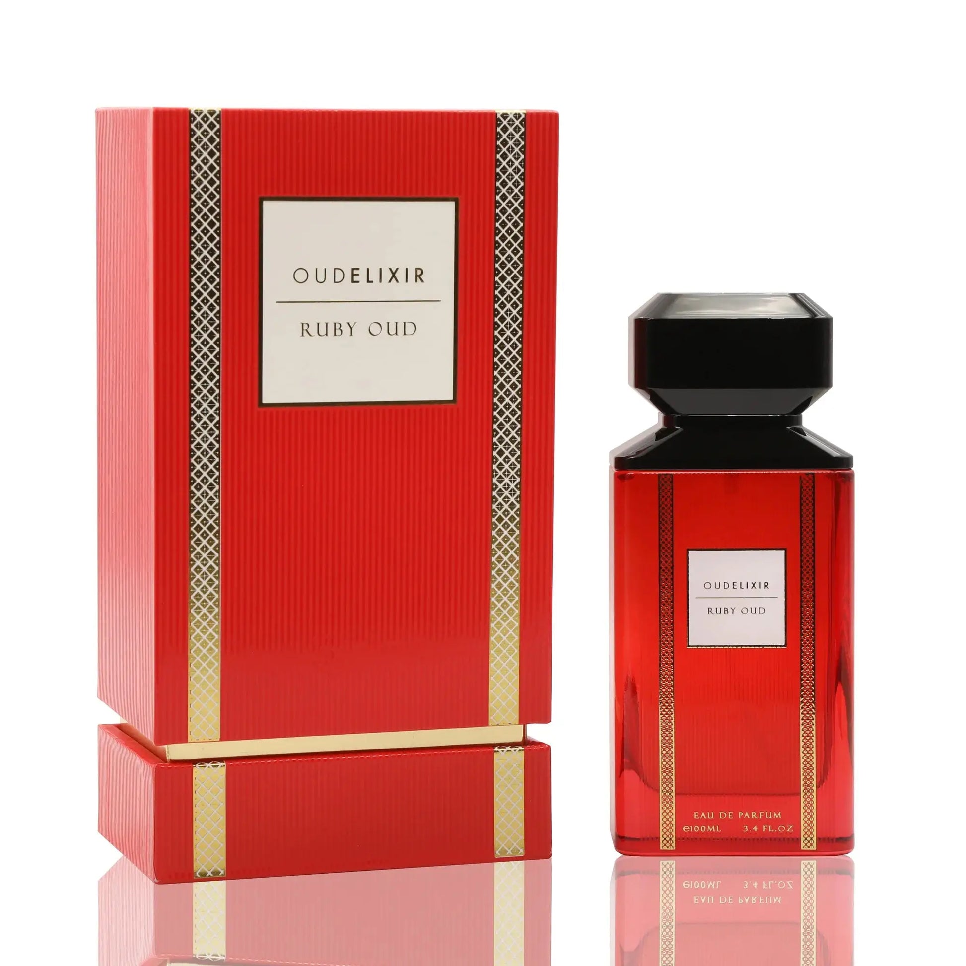 Oud Elixir Ruby EDP 100ml bottle showcasing its elegant design and deep ruby color, perfect for conveying luxury and sophistication.