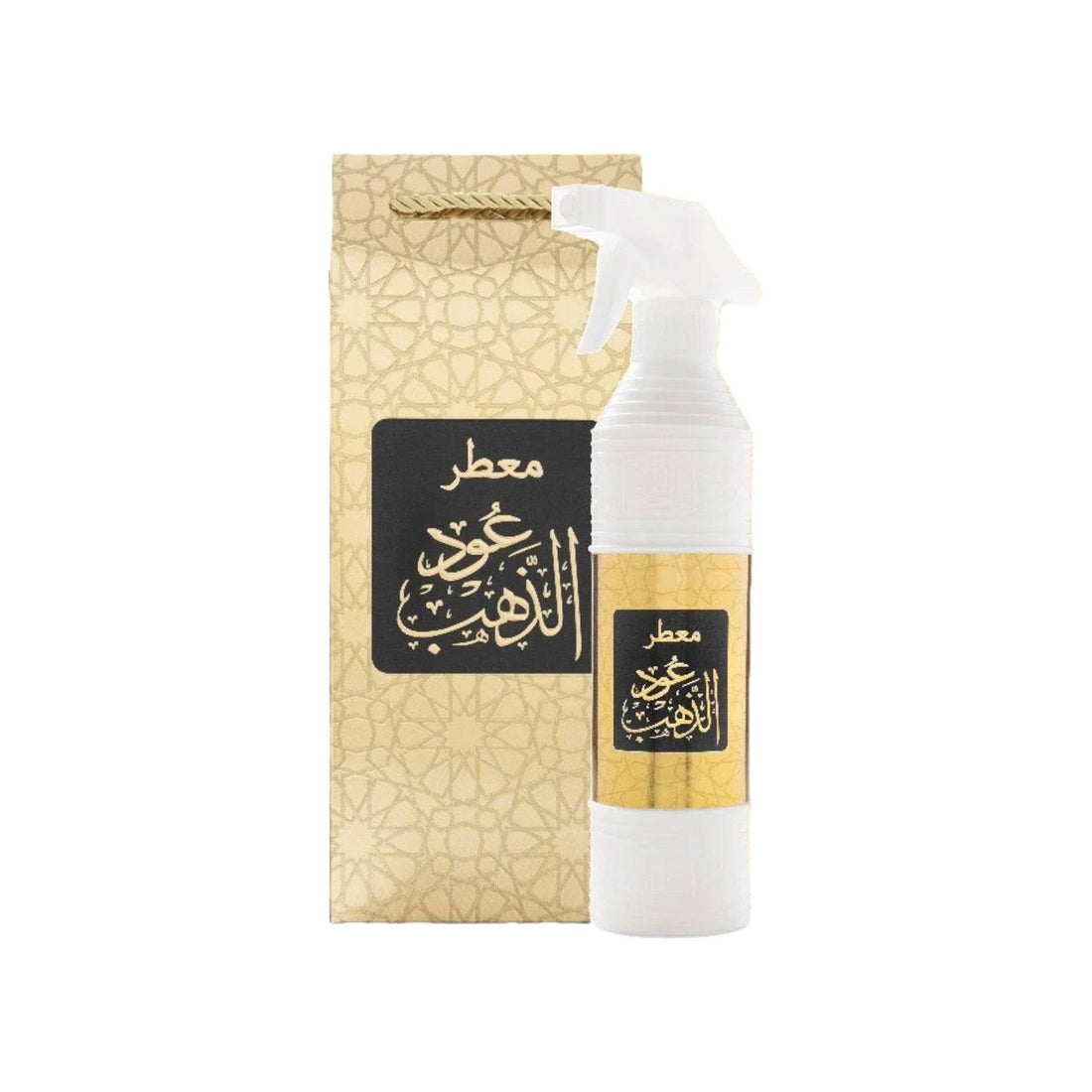 500 ml bottle of Oud Al Dahab Air Freshener by Oud Lover, showcasing its elegant packaging and highlighting the alcohol-free, exotic blend of jasmine, rose, and amber notes.