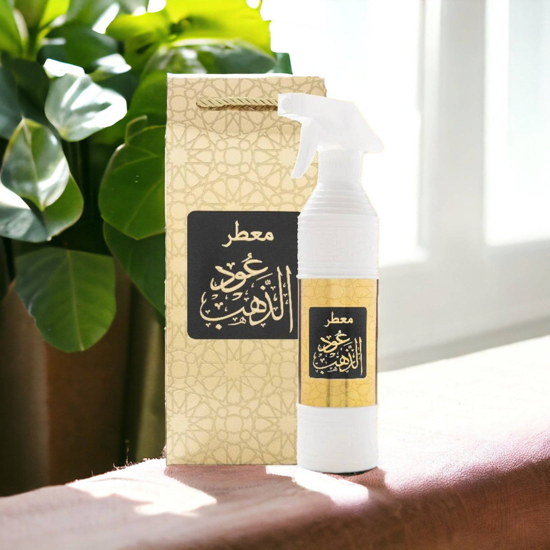 500 ml bottle of Oud Al Dahab Air Freshener by Oud Lover, showcasing its elegant packaging and highlighting the alcohol-free, exotic blend of jasmine, rose, and amber notes.