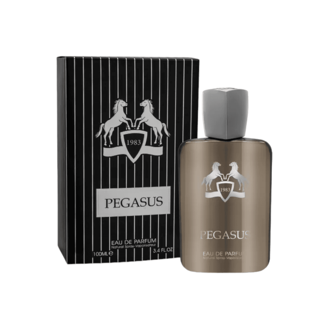 Elegant bottle of Pegasus Eau De Parfum by Fragrance World, embodying woody sophistication and gentlemanly elegance.