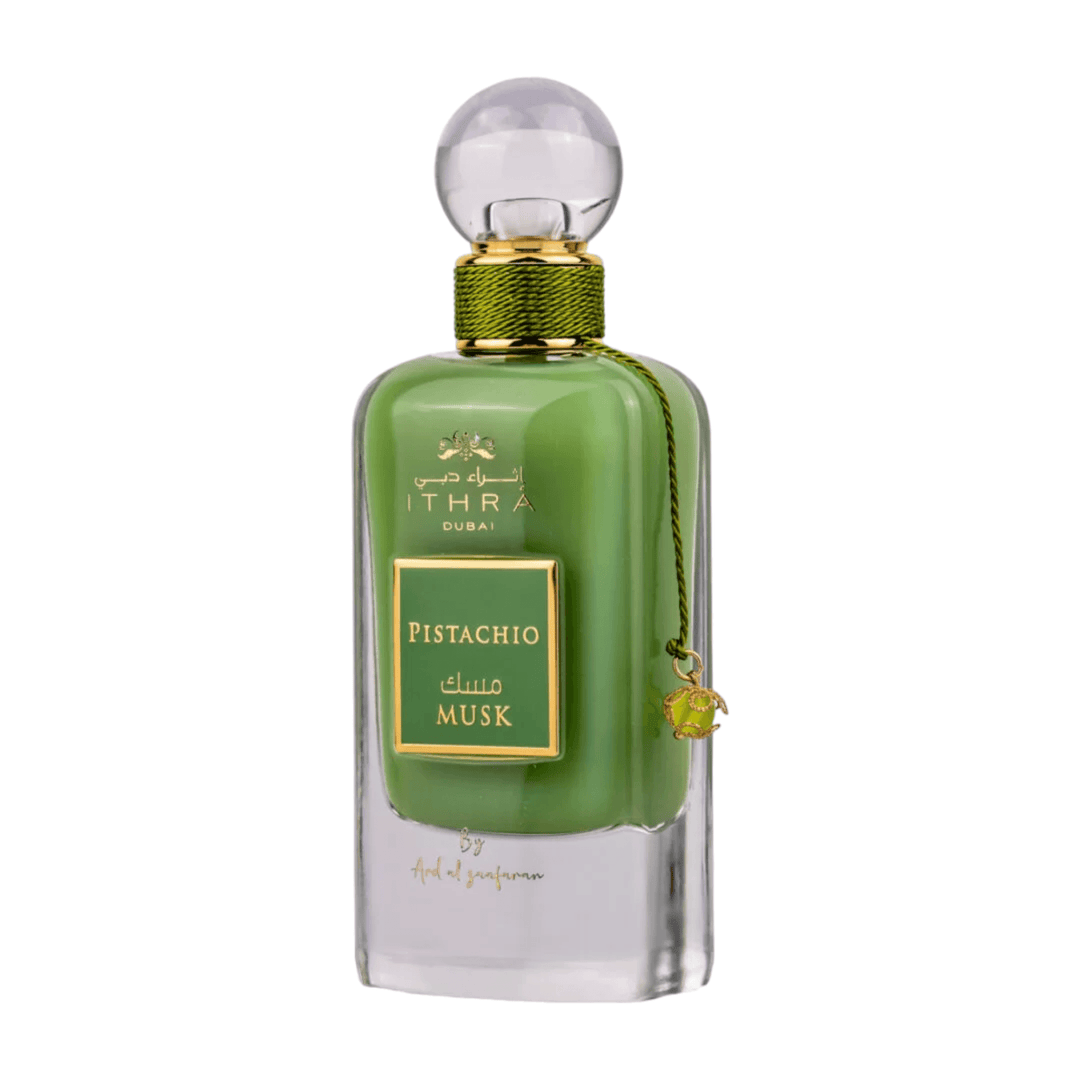 Elegant 100ml bottle of Pistachio (Ithra Dubai Musk) Perfume by Ard Al Zaafaran, representing its unique and enchanting fragrance.