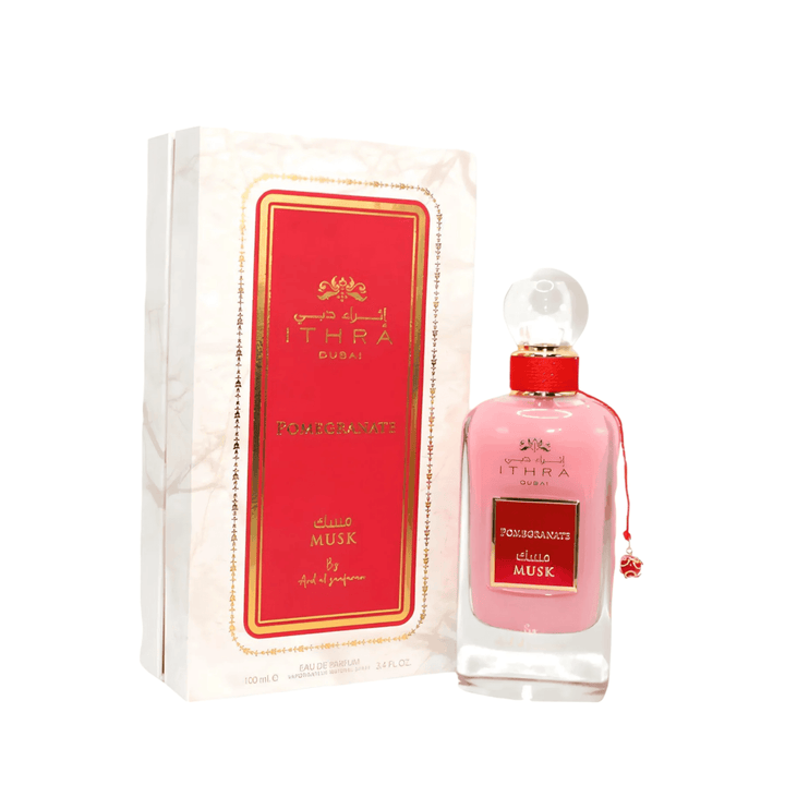 Vibrant 100ml bottle of Pomegranate (Ithra Dubai Musk) Perfume by Ard Al Zaafaran, showcasing its lively and fruity character.