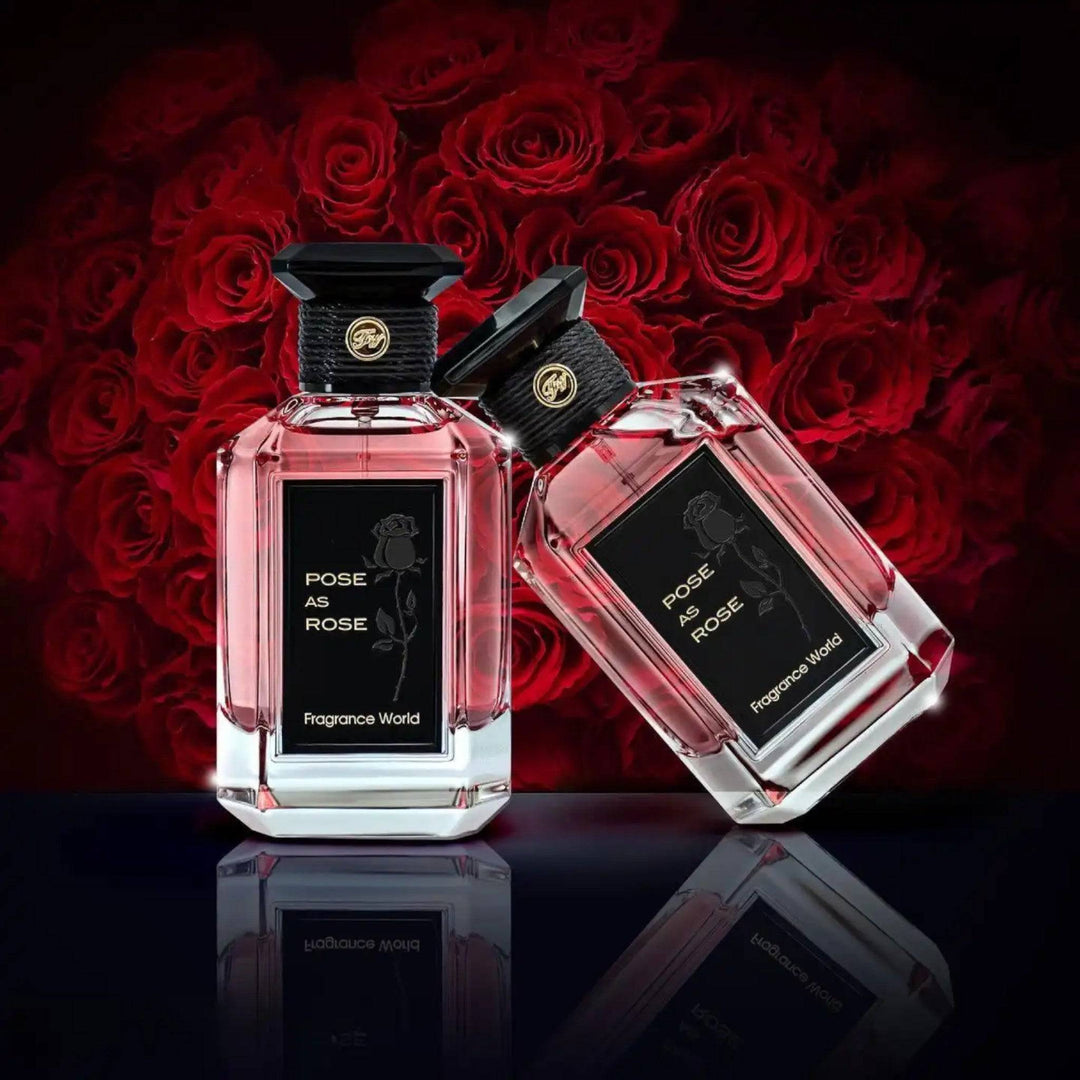 Close-up of the delicate Pose As Rose perfume bottle, with a soft focus on its elegant design, symbolizing the fragrance's floral heart.