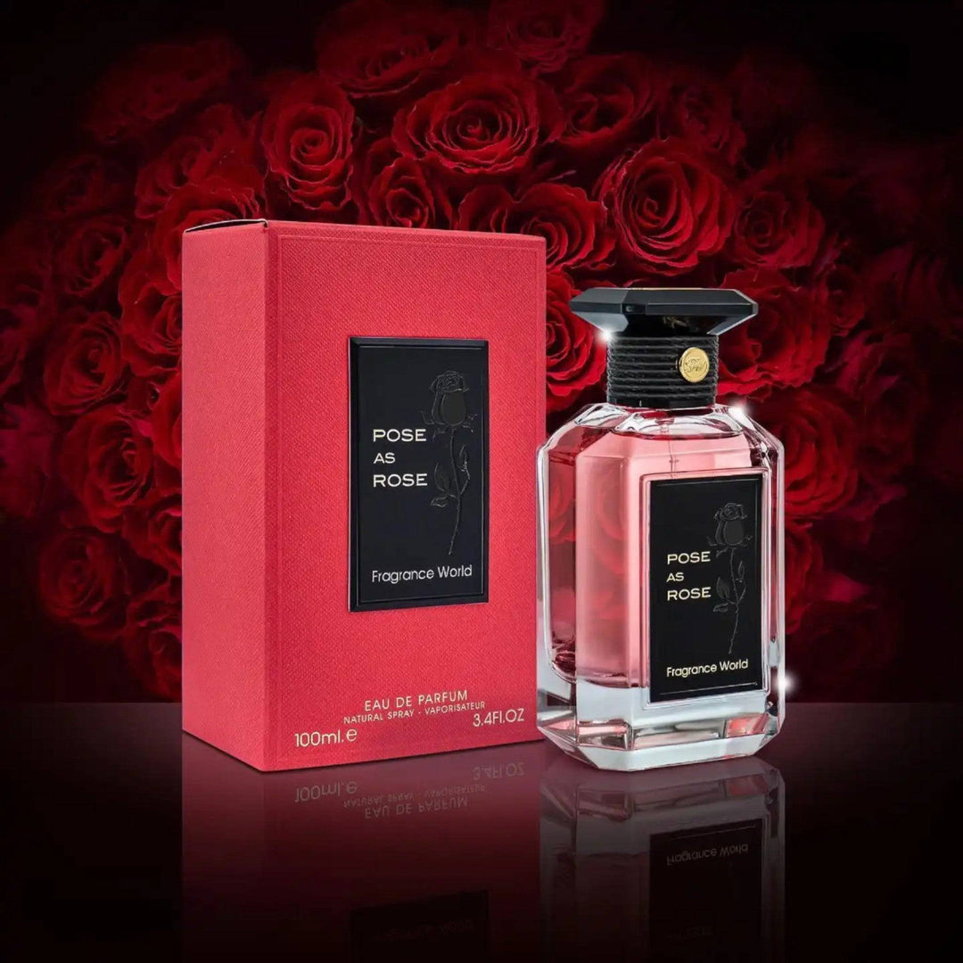 Pose As Rose Perfume set against a serene, floral background, highlighting the unique charm of the chameleon flower at its heart.