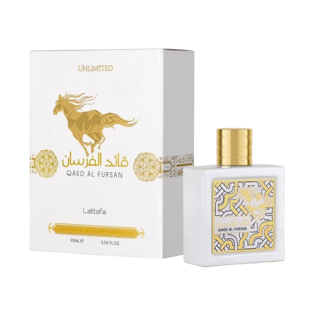 Elegant bottle of Lattafa Qaed Al Fursan Unlimited, showcasing its simplicity and the soft, succulent fragrance it holds.