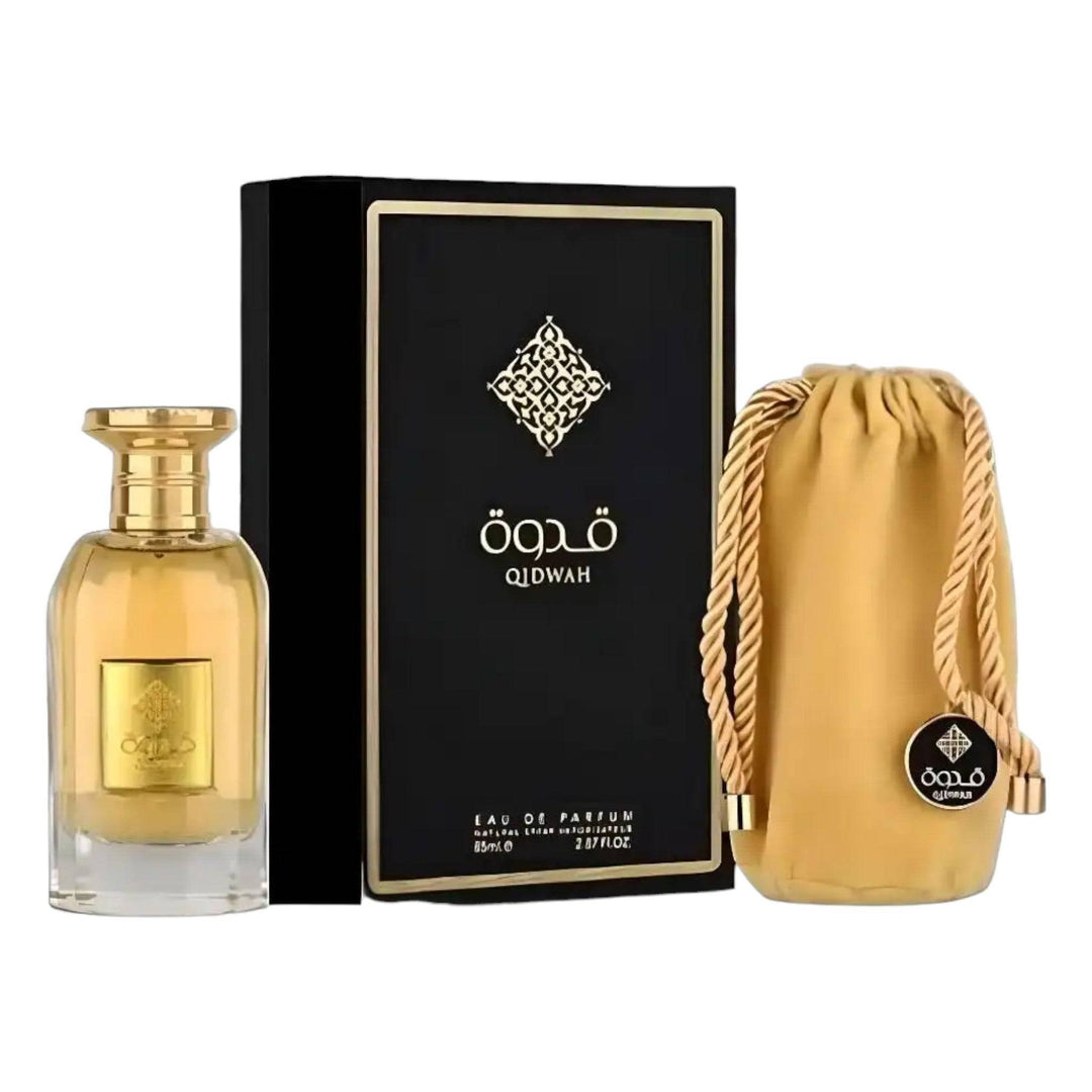 Elegant Qidwah Eau De Parfum bottle by Ard Al Zaafaran, showcasing its sleek design against a backdrop that hints at its woody and oriental essence.