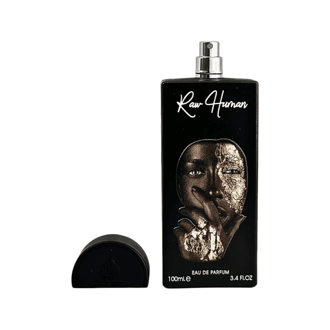 Visual depiction of Raw Human's fragrance notes - Apricot, Plum, Pink Pepper, Osmanthus, Fir, Leather, Olibanum, Styrax, illustrating its complex and captivating aroma.