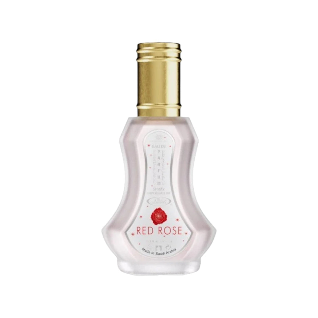 Bottle of Red Rose 35ml EDP by Al Rehab, showcasing its elegant design and hinting at its floral and cinnamon-scented contents.