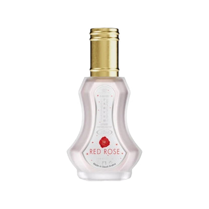 Bottle of Red Rose 35ml EDP by Al Rehab, showcasing its elegant design and hinting at its floral and cinnamon-scented contents.
