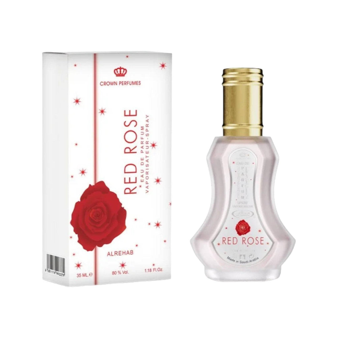 Bottle of Red Rose 35ml EDP by Al Rehab, showcasing its elegant design and hinting at its floral and cinnamon-scented contents.