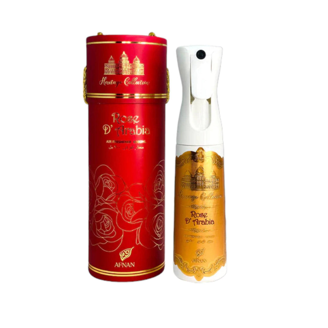 Elegant 300ml bottle of Afnan Heritage Collection Rose D'Arabia Air Freshener, designed to add a touch of beauty to any room.