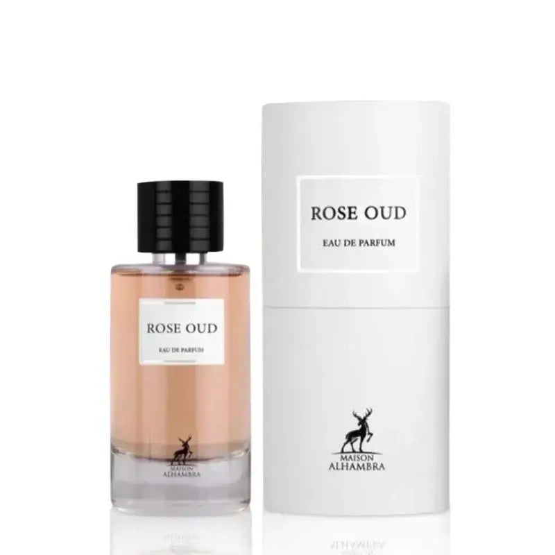 Luxuriously crafted bottle of Rose Oud Eau de Parfum by Maison Alhambra.