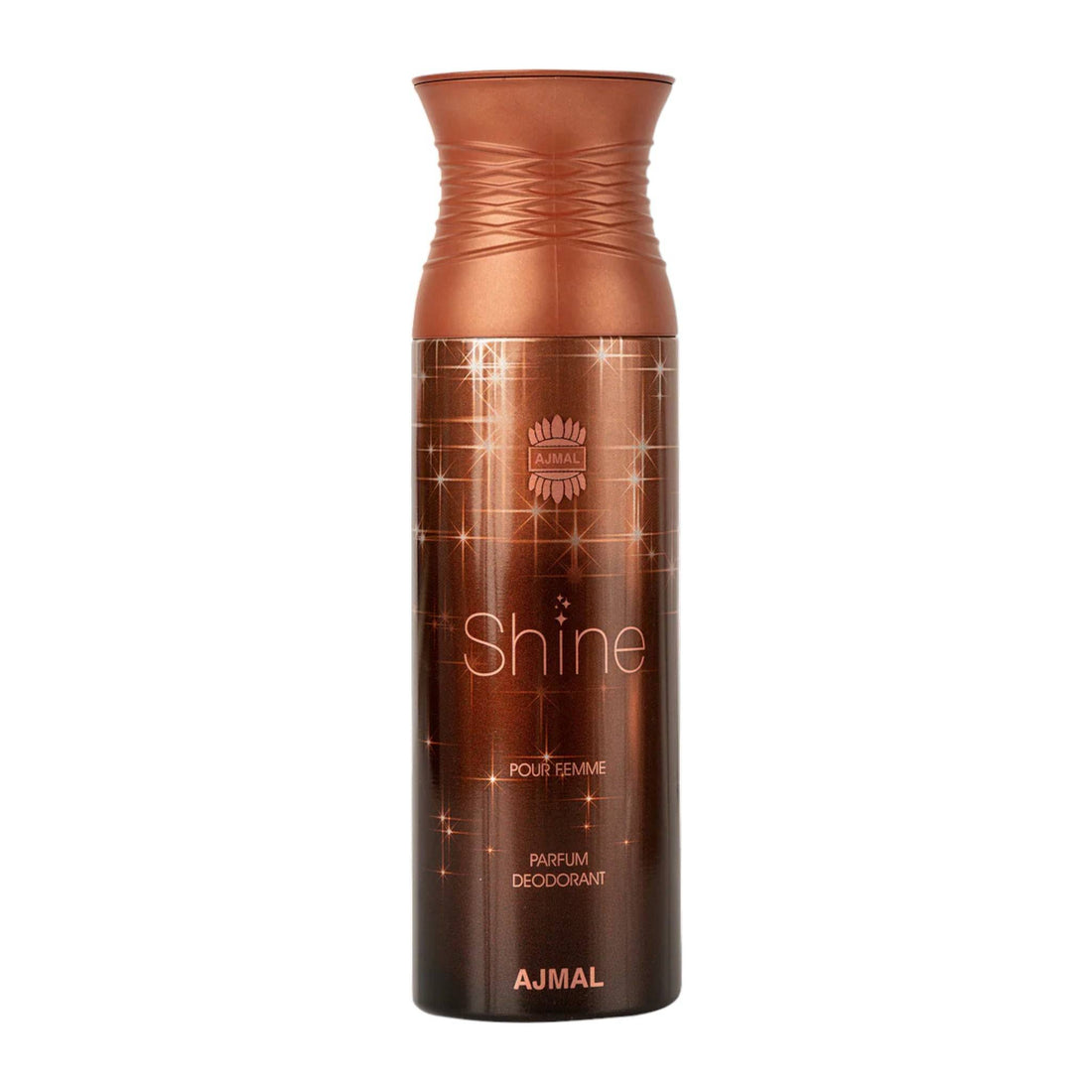 Elegant bottle of Ajmal Shine Deodorant 200ml, showcasing its sleek design and the sparkling essence of the fragrance.