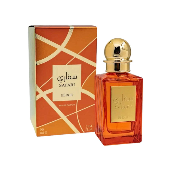 Luxurious 90ml bottle of Safari Elixir by Fragrance World, encapsulating a journey of scents.