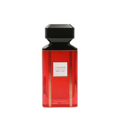 Oud Elixir Ruby EDP 100ml bottle showcasing its elegant design and deep ruby color, perfect for conveying luxury and sophistication.