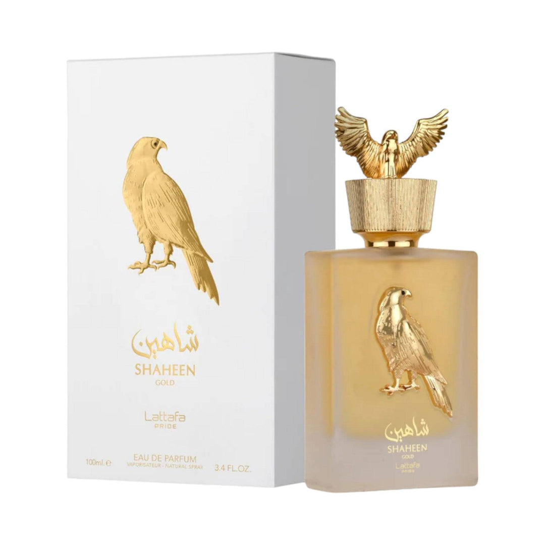 Shaheen Gold 100ml Eau de Parfum by Lattafa Pride, capturing the essence of freedom and luxury.